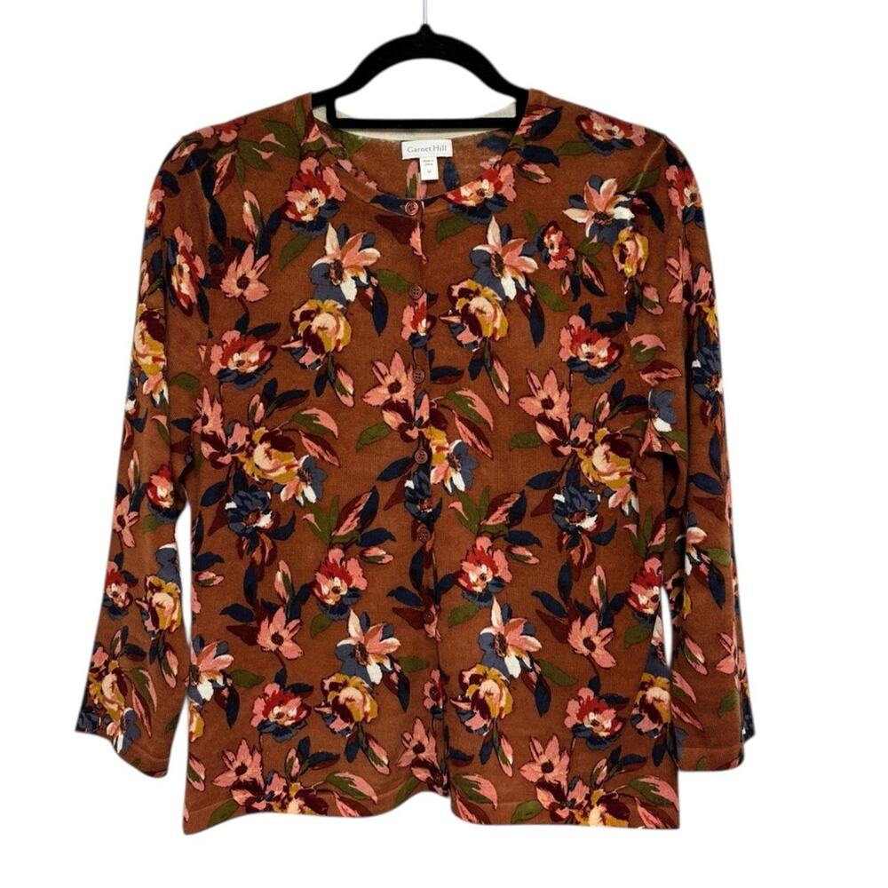 Garnet Hill Signature Merino Cardigan in Burnt Orange Floral - Size M